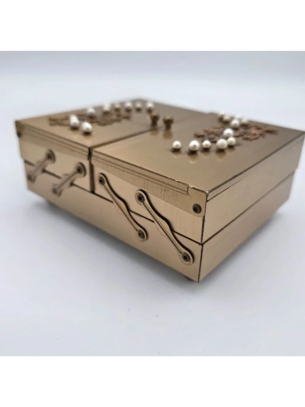 Vintage Gold-Tone Jewelry Box Pearl Embellishments & Velvet Inner Compartments